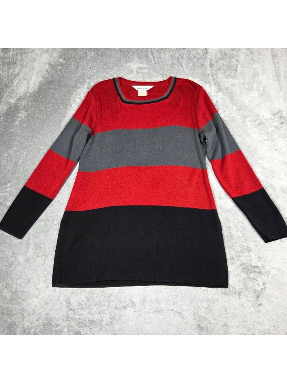 Exclusively Misook Top Medium Red Gray Black Stripe Lightweight Tunic Sweater